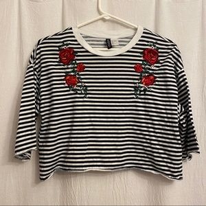 H&M striped crop top w/ rose embroidery